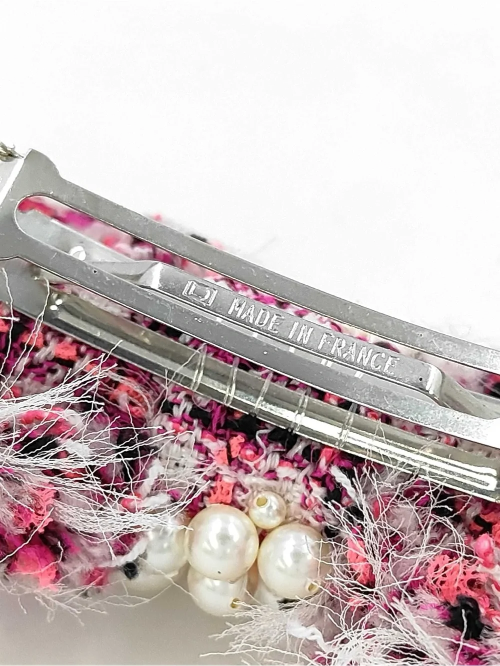 CHANEL Pink Tweed Bow Hair Clip with Clustered Pearls